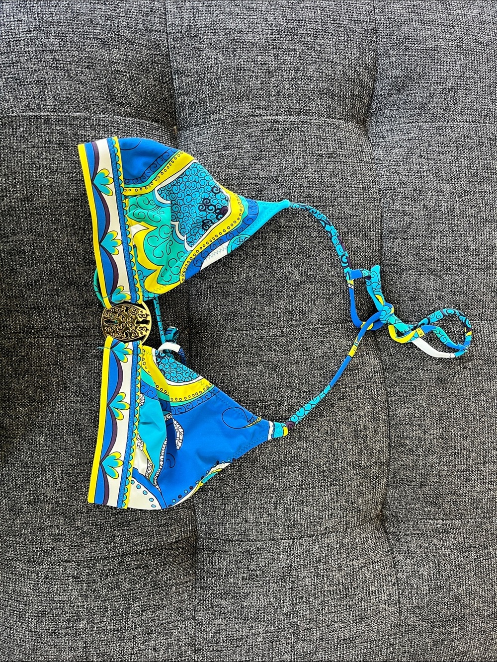 Trina Turk Blue, Yellow, Teal & White Paisley Patterned Bikini Top size 4